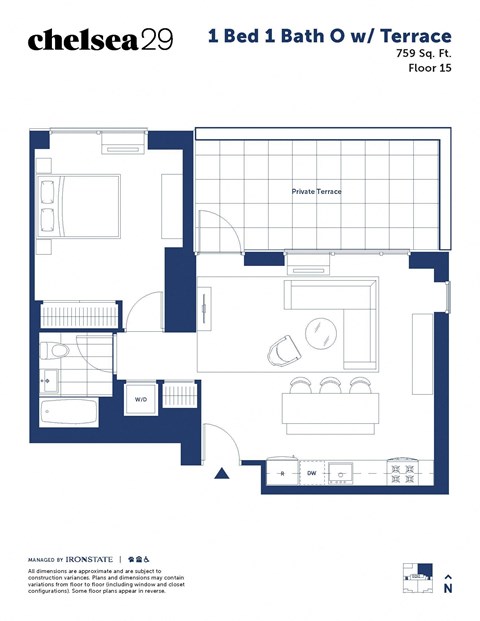 Floor plan for 1 bed, 1 bath, 759 sqft